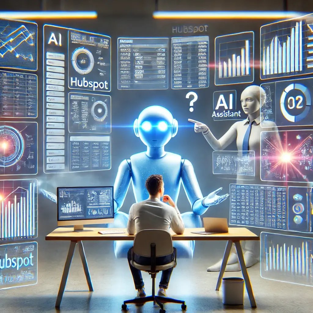DALL·E 2025-05-13 08.33.05 - A person sitting at a desk, looking confused and overwhelmed while surrounded by multiple digital screens showing complex HubSpot dashboards and chart-1